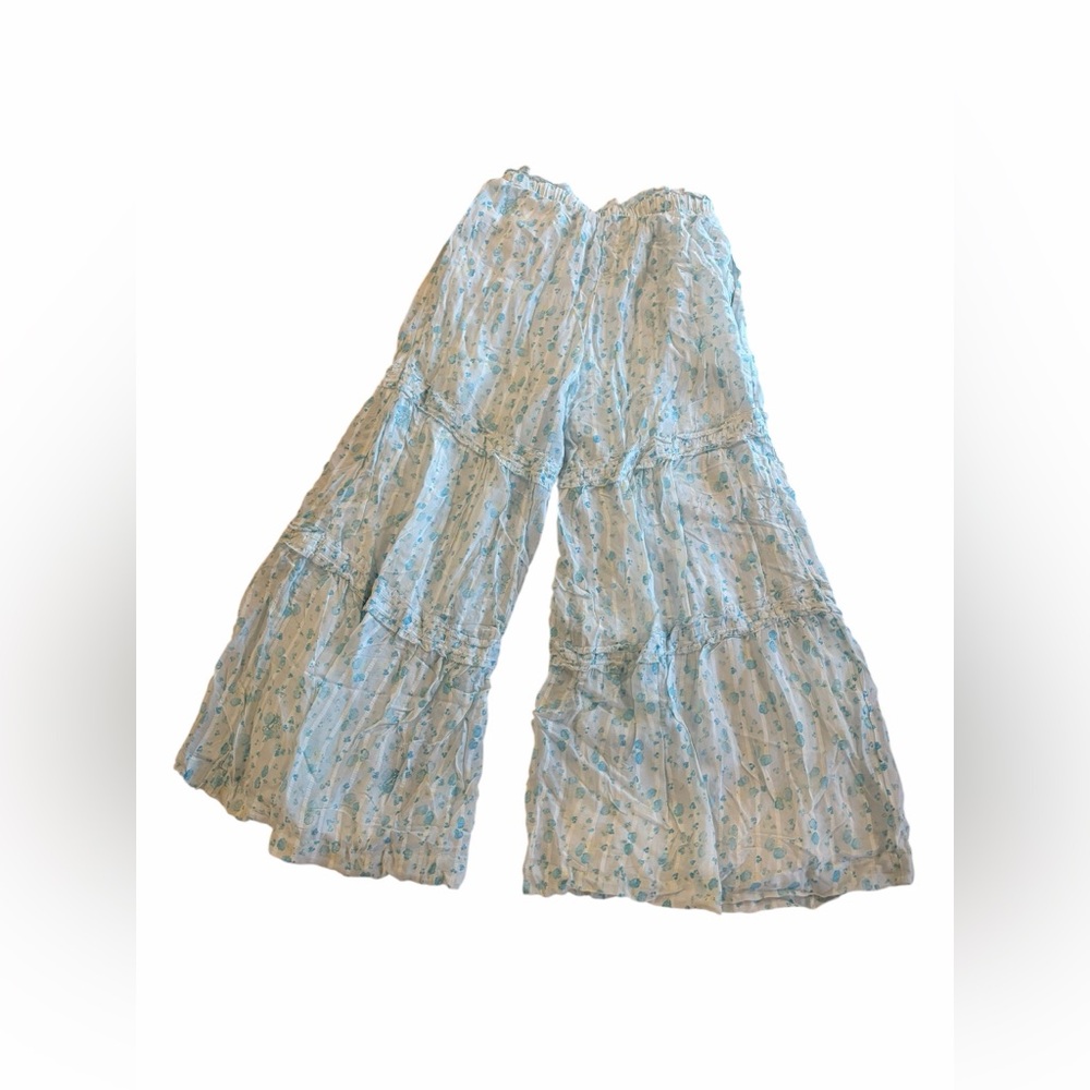 Free People Emmaline Tiered Pull On Baby Blue Combo Floral Wide Leg Pants - Picture 3 of 8